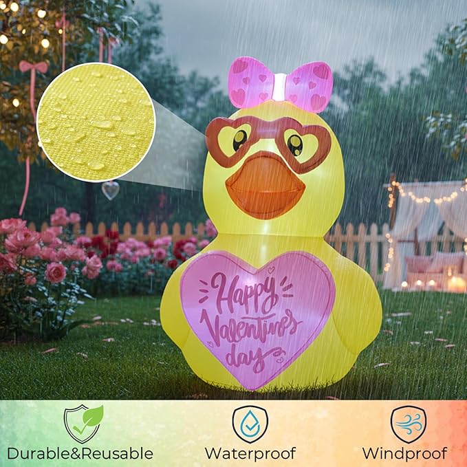 5FT Valentines Day Inflatables Duck with Heart Decoration, LED Blow Up Lighted Decor Indoor Outdoor Holiday Art Decor Romantic Gift for Anniversary Wedding Party