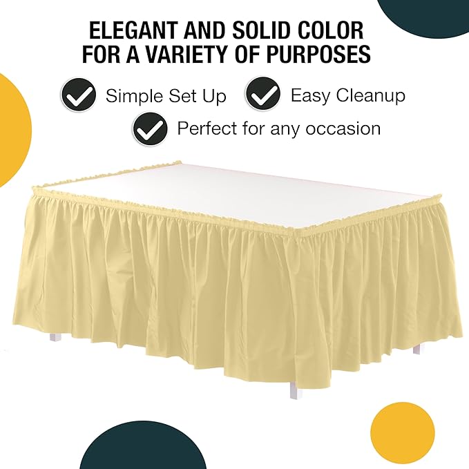 Exquisite Ruffle Table Skirt Light Yellow 48 Pack 14 Ft Long Table Skirts for Rectangle Tables 6ft Plus or Round Tables Skirts with Adhesive Strip for Gender Reveal Decor & Happy Birthday Parties