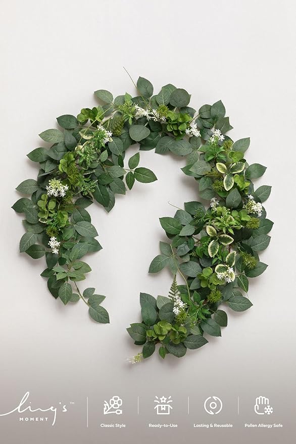 Ling's Moment 5FT Sage & Green Artificial Flower Garland Fake Rose Eucalyptus Garland Arch Flowers Vine for Wedding Party Backdrop Home Table Centerpieces Decorations