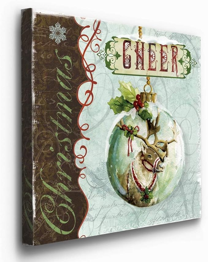 Renditions Gallery Christmas Cheer Ornament Wall Art, Cute Winter Decor, Festive Reindeer with Red & Green Holly, Premium Gallery Wrapped Canvas, Ready to Hang, 32 in H x 32 in W, Made in America