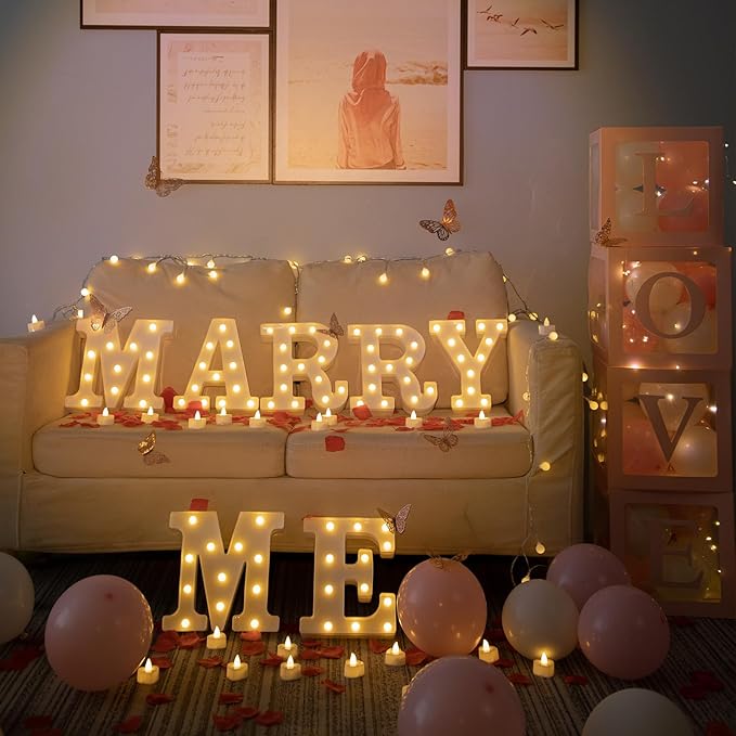 6147pcs Marry Me LED Marquee Light Up Letters Sign Proposal Decorations with 24 LED Heart Shape Light Love Balloon Box for Wedding Valentine Anniversary Party Banquet Props