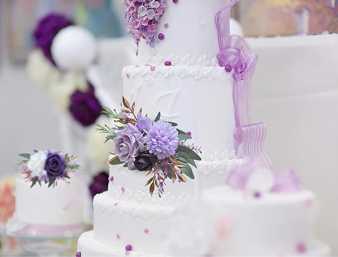 Marriwise 3Pcs Pre-made Cake Toppers Flowers, Dark Purple Wedding Cake Decoration,Artificial Flowers Decor for Wedding Ceremony Anniversary,Birthday Party,Elegant and Dreamy Purple (Dark Purple)