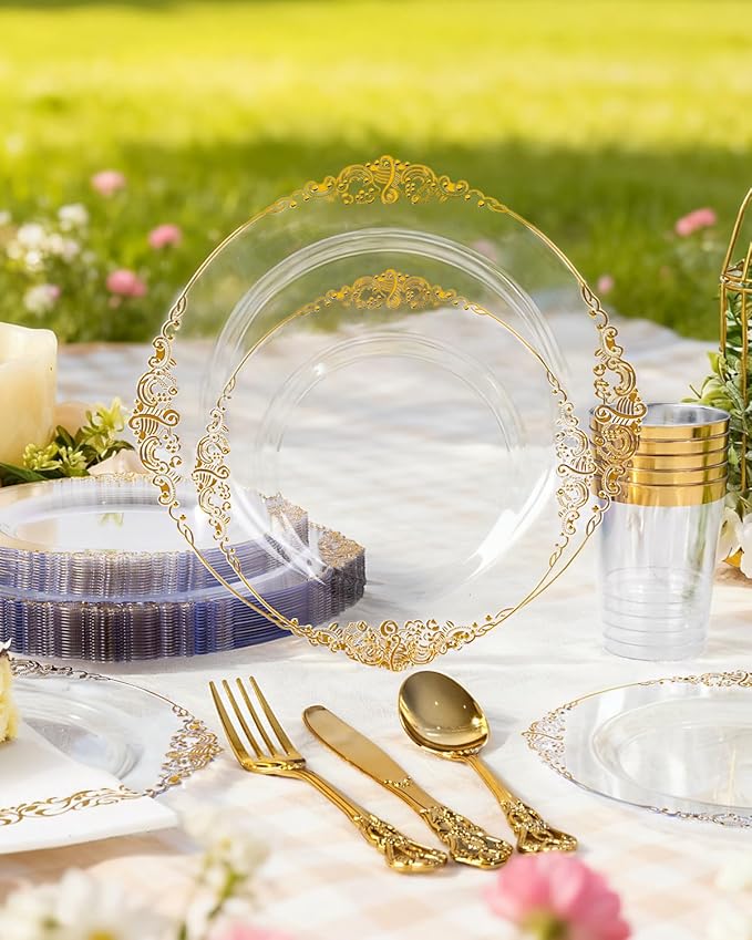 YOUBET 700PCS Clear Gold Plastic Plates - Elegant Gold Plastic Dinnerware Set Include 200 Disposable Plates, 300 Heavy Duty Silverware, 100 Cups, 100 Napkins for Wedding Party