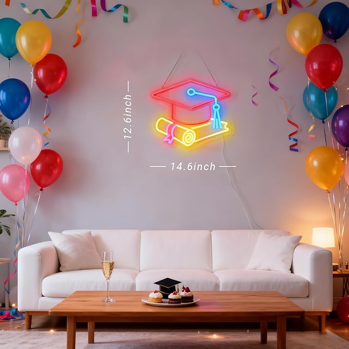 Congrats Grad Neon Sign with Cap & Diploma - 3-Color Red Yellow Ice Blue Graduation Decorations 2026, 10-Level Dimmable LED Wall Light, USB Powered Gift for Graduate, 14.5"x12.6"