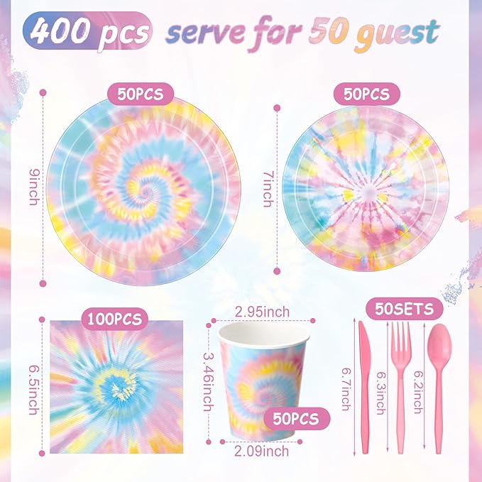 Pickmesh 400 Pcs Tie Dye Party Supplies Set Pastel Include Disposable Paper Plates Napkins Cups Cutlery for Men Women Colorful Dinnerware for Hippie Baby Shower Birthday Party Decorations Serve 50