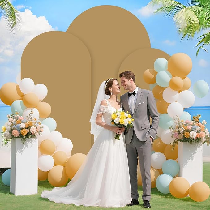 Arch Backdrop Stand with Cover Set of 3 Tan Wedding Arch Covers Metal Arch Stand and Cover Set 4&5&6ft Gold Wedding Arch Stand Balloon Arched Frame for Banquet Event Party Ceremony Reception
