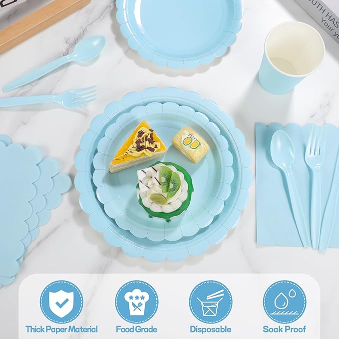 350 Pcs Light Blue Paper Plates and Napkins, Boy Baby Shower Decorations Include Baby Blue Scalloped Plates Napkins Cups Plastic Spoons Forks Knives for Bridal Shower,Wedding,Birthday