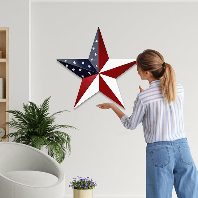 JoyEvy American Barn Star US Flag Stars Indoor Outdoor Decor, Metal Patriotic Star Wall Decoration, Texas Stars for Outside Rustic Vintage Western Country Home Farmhouse Wall Ornament(19.4inch)