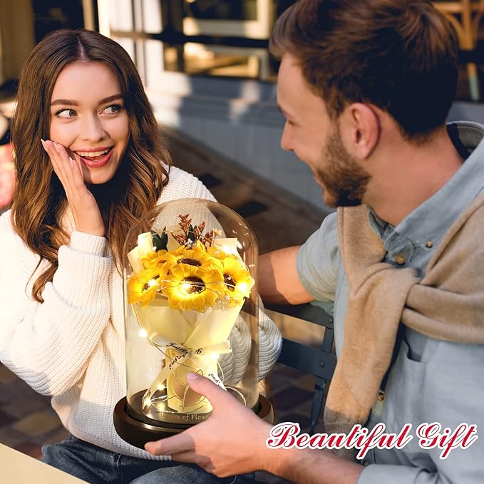 Valentines Day Gifts, Sunflower Gift for Mom-Preserved Artificial Rose Flower Gifts for Women Friends Sunflower Gifts for Her,Light Up Rose in Glass Dome-Thankgiving Birthday Valentine Anniversary
