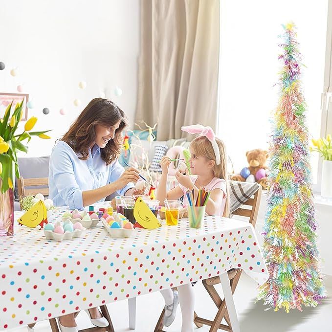 Easter Tinsel Tree, 5FT Artificial Pop Up Pencil Tree Decorations Spring Easter Flower Tabletop Decor for Home Party Birthday Holiday