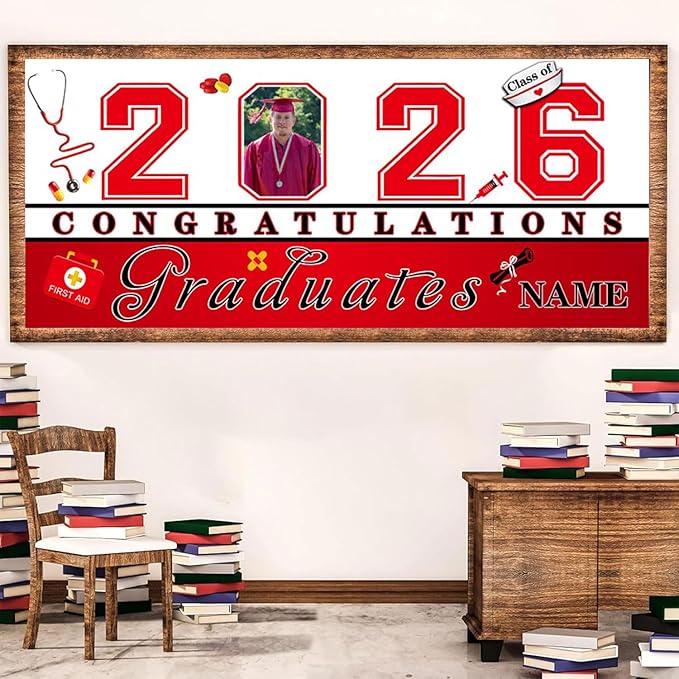 Custom Photo Graduation Garage Door Banner Personalized 2026 Grad Banner 7x16ft Porch Door Sign Decoration Outdoor Photo Booth Backdrop Party Supplies(Nurse Red)