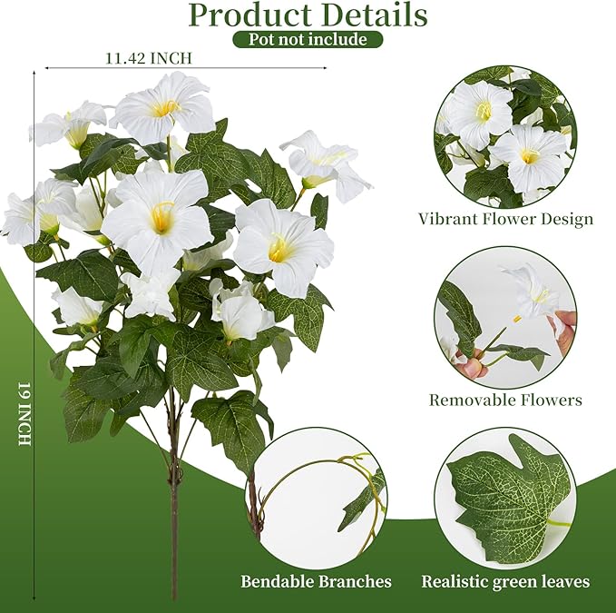 19 Inch Artificial Fake Flowers for Outdoor,4 Pcs Faux Silk Petunias Spring Flowers for Outside for Indoor Porch Planter Front Door Garden Patio Window Box Home Decor(White)