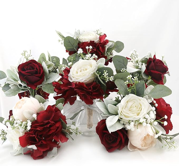 Artificial Flowers Bridesmaids Bouquets Set of 6 - Burgundy and White Bridesmaid Bouquet Handmade Small Silk Rose Floral Bouquet for Wedding Bridal Shower Anniversary Marriage Proposal -7 Inch