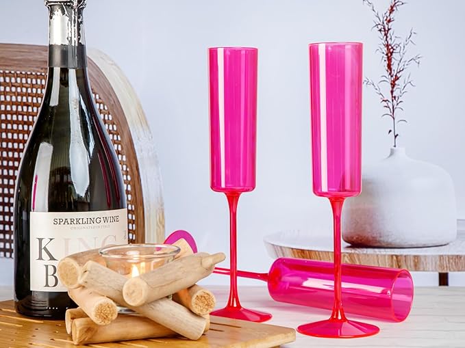 Ciaell 24 Pack Plastic Champagne Flutes - Hot Pink 6 Oz Disposable Champagne Glasses - Square Plastic Toasting Glasses for Party Birthday Anniversary Wedding & Valentine's Day
