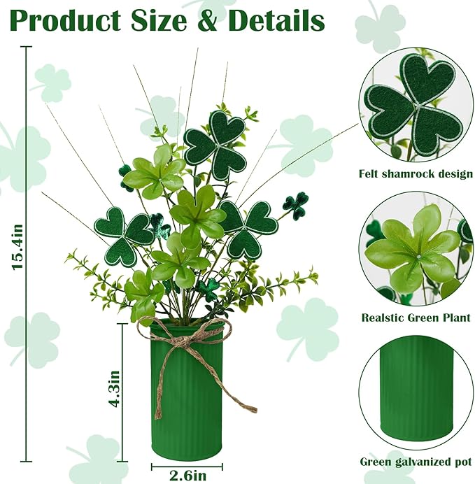 TORONTOKYO 6Pcs St Patricks Day Decorations Artificial Potted Plant Green Shamrock Stems Floral Picks Small Fake Plant for Home Party Table Centerpiece Decor