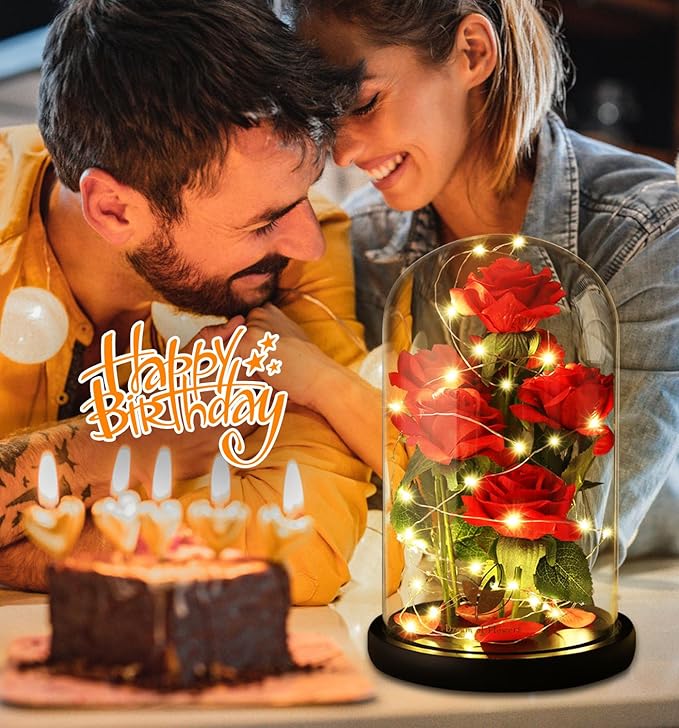 Valentines Day Rose Gifts for Women,Beauty and Beast Rose in Glass Dome with LED Light,Glass Rose Flower Gifts for Her Valentines Birthday Gifts for Women Mom Wife Girlfriend Friend Forever Red Rose
