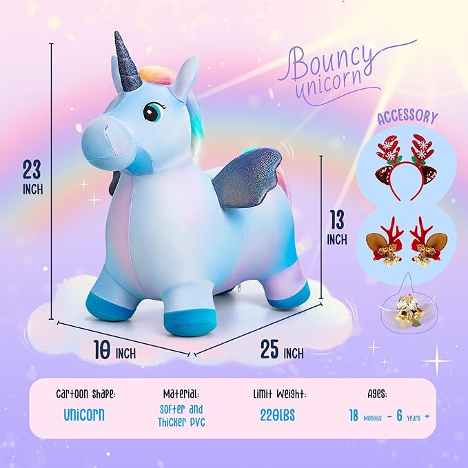 EVERICH TOY Unicorn Bouncy Horses Inflatable Plush Hopping Toy, Bouncing Hopper Animals for Toddlers, Outdoor & Indoor Christmas Toys for Boys Girls, Gift for 1-3 W/Free Christmas Accessories