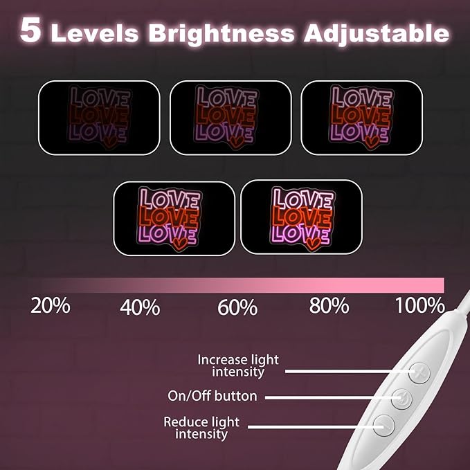 Love Neon Sign - 5-Level Dimmable USB Valentine's Day Decor & Pink Neon Signs, Ideal for Weddings, Parties, Shop Walls, Teen Girl Bedroom Wall Art