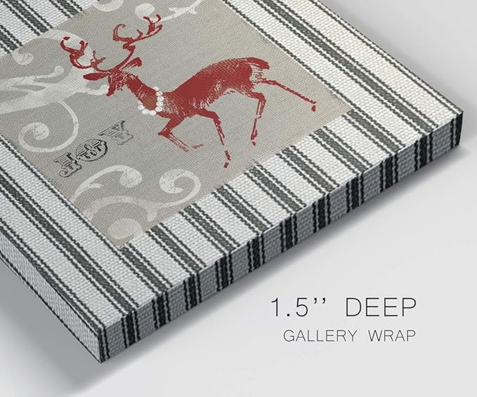 Renditions Gallery Joy Reindeer Wall Art, Cute Christmas & Winter Decor, White & Red with Striped Fabric Look, Premium Gallery Wrapped Canvas, Ready to Hang, 40 in H x 40 in W, Made in America
