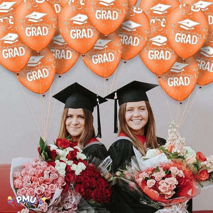 PMU 100 Pcs Orange Graduation Balloons Class of 2025 with All-Over Print White Grad Caps-Confetti and Streamers | Graduation Party Supplies | Congratulations Grad Latex Balloons Latex