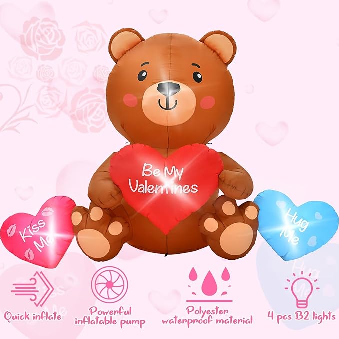 10 FT Valentines Day Inflatables, Blow Up Sitting Bear with Heart, Romantic Valentine's Day Yard Decorations with Build-in LED Lights for Anniversary Weddings Proposal Celebration Home Garden Decor