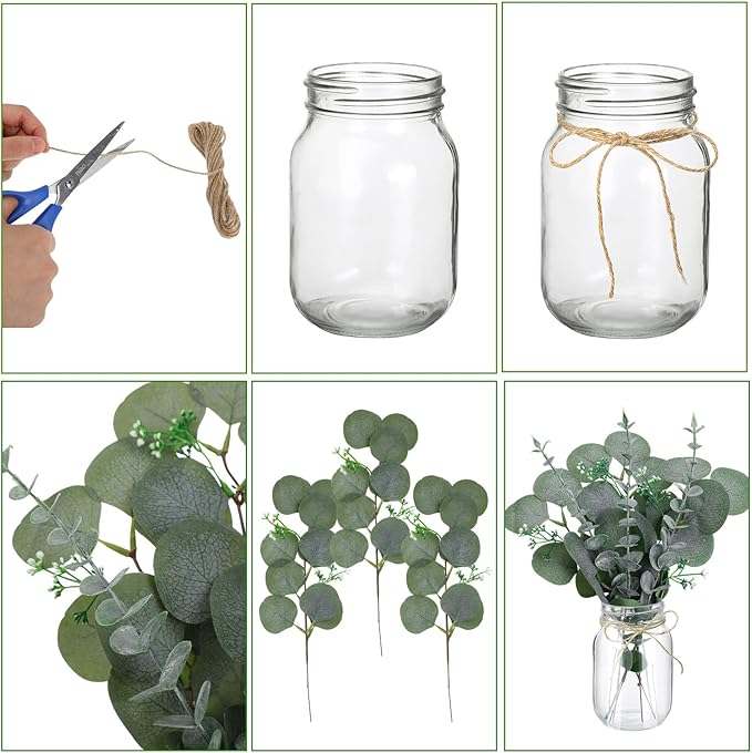 XunYee 10 Set Mason Jar Table Centerpiece with Flower Mason Jar Flower Centerpiece Vases Decor for Engagement Party Bridal Shower Centerpieces Wedding Reception Table Decor (Eucalyptus)