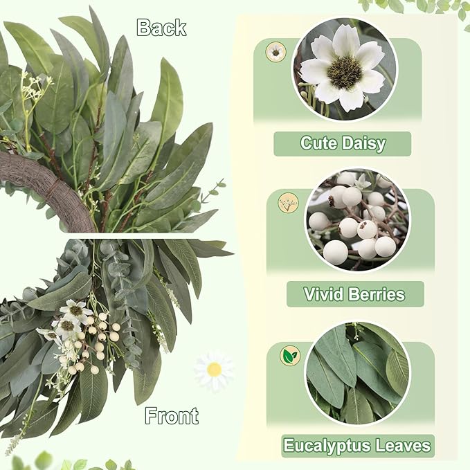 26 Inches Large Eucalyptus Spring Wreaths for Front Door,Artificial Greenery Summer Wreath with Berries White Flower Daisy,Easter Valentines Farmhouse Porch Wall Home Indoor Outdoor Décor