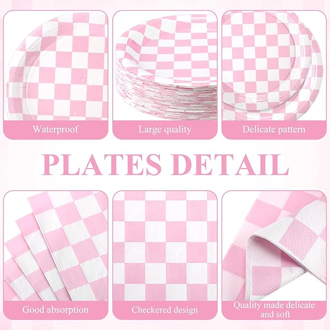 Pickmesh 400 Pcs Pink and White Checkered Party Decorations Set Light Pink Gingham Disposable Paper Plates Napkins Cups Cutlery Plaid Party Decorations for Baby Shower Wedding Birthday Serve 50