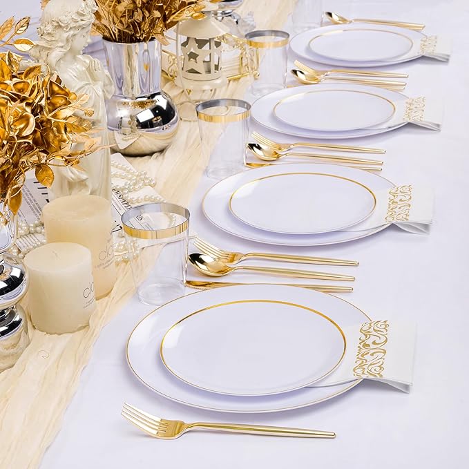 MirthMood 350Pcs White and Gold Dinnerware Set,Plastic plates Includes:50 Dinner Plates, 50 Dessert Plates, 150 Gold Plastic Cutlery,50 Paper Towels & 50 Cups for Party&Wedding