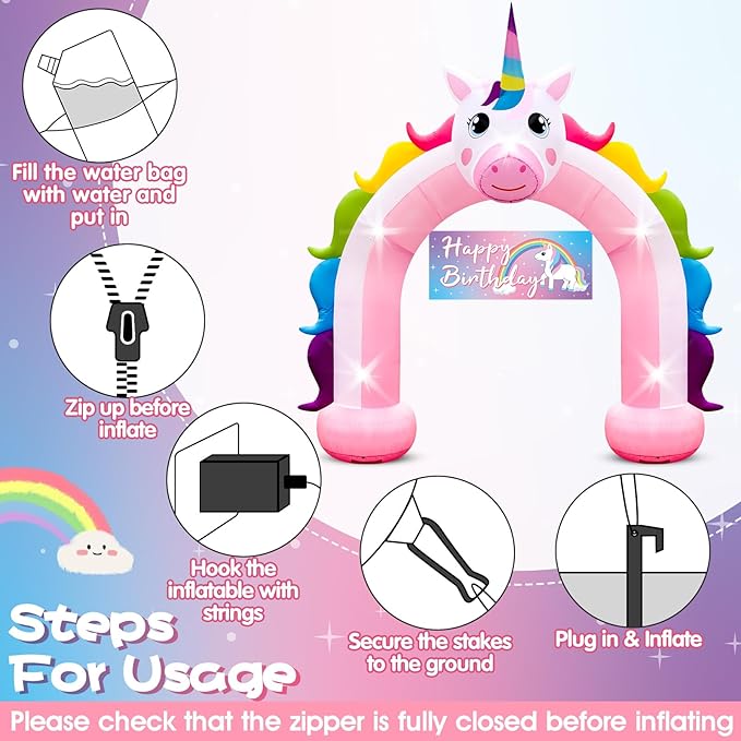 10FT Inflatable Unicorn Arch Outdoor Decorations Giant Rainbow Inflatables Arch Built-in 5 LED Lights Blow Up Pastel Unicorn Garden Yard Lawn Decor for Easter Wedding Baby Shower Girls Birthday Party