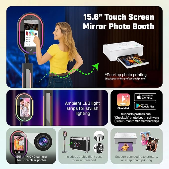 MWE Magic Mirror Photo Booth Touch Screen with Printer and 1200W Pixel 4K HD Camera,RGB Surround Light Music Sync,Mirror Video Booth with Software APP Remote Control (16in+Printer)