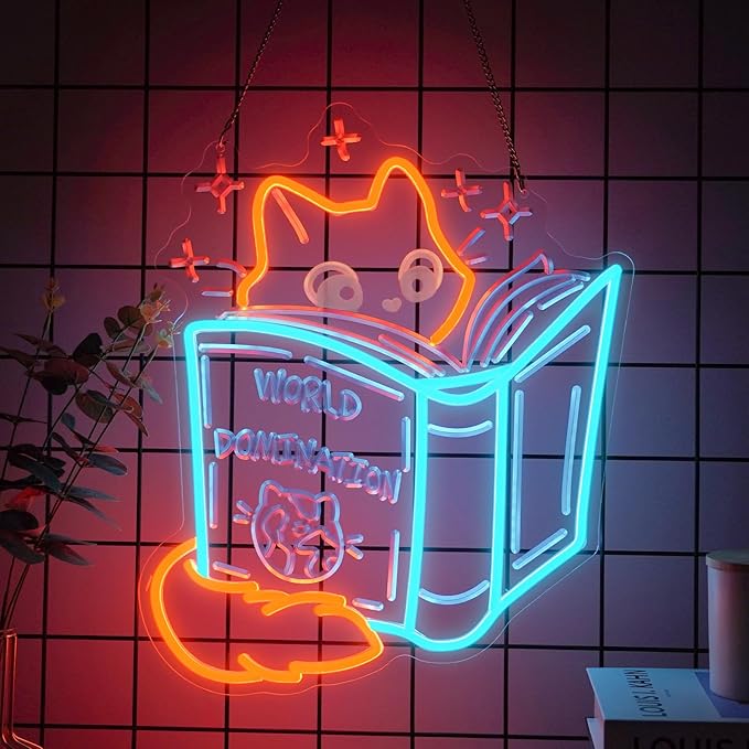 Books and Cat Neon Sign, Fox Reading Sign 3D Carving Led Light, Funny Cat Read Book Decoration, Library Wall Art, Book Store Decor, Gift For Kid, 14.6"x13"