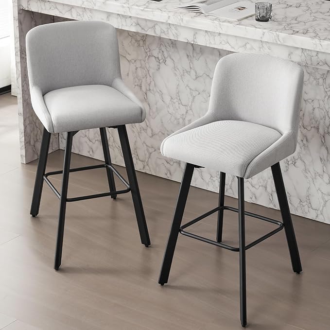 Swivel Bar Stools Set of 2, 29''H Upholstered Barstools with Backs, Modern Counter Height Bar Stool Chairs for Kitchen Island, Metal Legs, Fabric, Light Gray Counter Stools