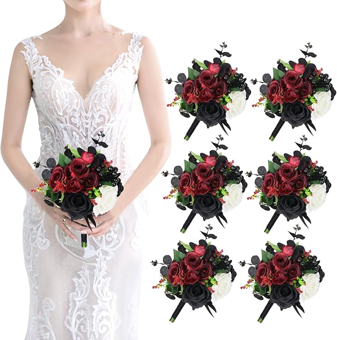 Bridesmaid Bouquets Set of 6 - Gothic Flowers Bouquet for Bridesmaids Halloween Marriage Proposal Party Ceremony Anniversary Dining Table Centerpiece Decor - Black and Red