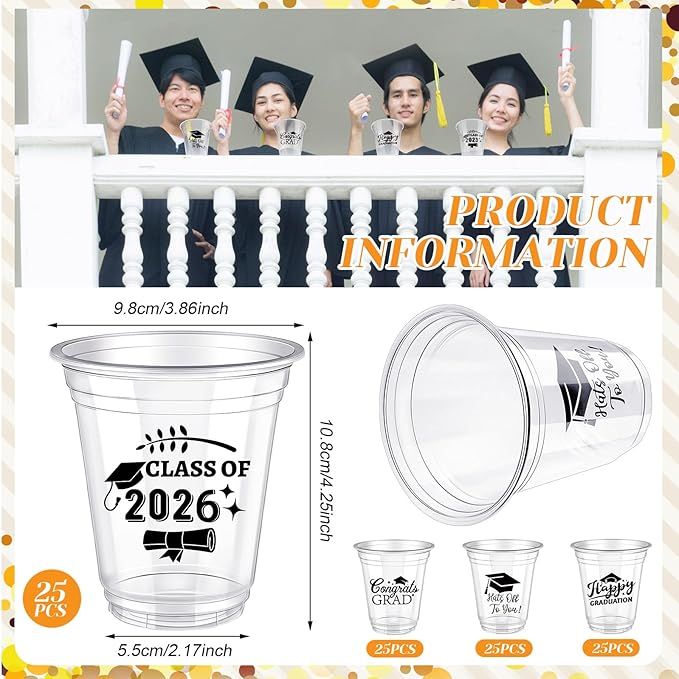 Eaasty 200 Pcs 12oz Graduation Cups 2026 Disposable Plastic Cups for Class of 2026 Graduation Party Congrats Grad Elegant Party Supplies Tableware Decorations (Clear)