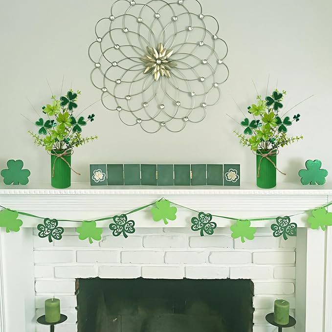 TORONTOKYO 6Pcs St Patricks Day Decorations Artificial Potted Plant Green Shamrock Stems Floral Picks Small Fake Plant for Home Party Table Centerpiece Decor