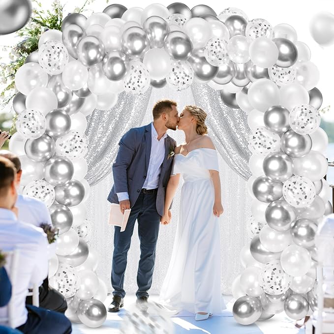 137 Pcs White Silver Party Backdrop Kits - 4 Sequin Backdrop Curtain 133 Balloon Garland Kit Photo Prop Background for Wedding Anniversary Winter Wonderland Birthday Baby Shower