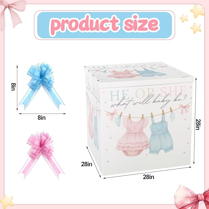 AmazingSpark 28in Jumbo Gender Reveal Gift Box Kit with Oversized Box Giant Pull Bows for Gender Reveal Baby Shower Birthday Party Decor (Baby Clothes)