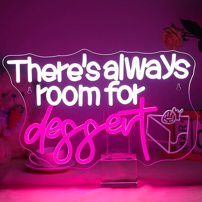 NOSUN There's Always Room for Dessert Neon Sign LED Bar White Text Treat Yourself for Snack Candy Dessert Flower Bar Bedroom Wall Decor Wedding Birthday Party Home Room Gift