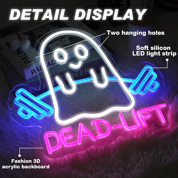 Ghost Dead Lift Neon Sign,Funny GYM Room Wall Sign,Home Gym Wall Decor,Ghost Light,Dumbbell Neon Sign,Funny Weightlifting Gym Neon Led Light, 14"x13"