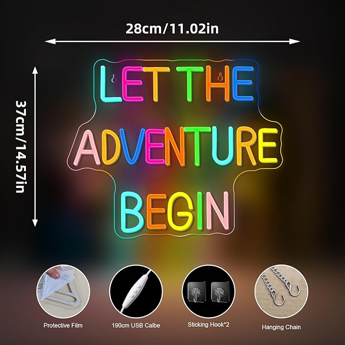 Adventure Neon Sign Colorful RainboW Neon Signs for Wall Decor Dimmable Let's Party Led Sign, Funny Neon Lights for Bedroom Home Club Bar Wedding Engagement Birthday Party Decor