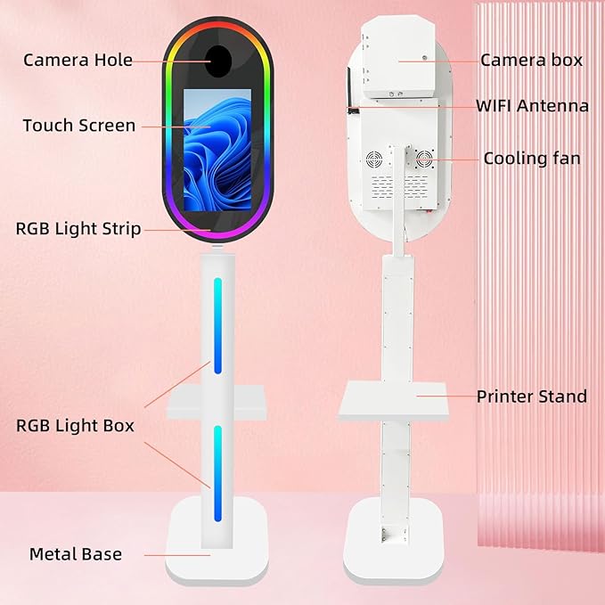 Oval Mirror Photo Booth with Flight Case,15.6 in Touch Screen Mirror Photo Booth Magic Mirror Photobooth Selfie for Party Events Wedding Rental (White, Without Camera Printer)