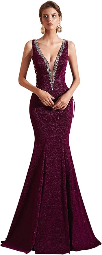 Women's Double V-Neck Sequins Lace-up Mermaid Evening Dress