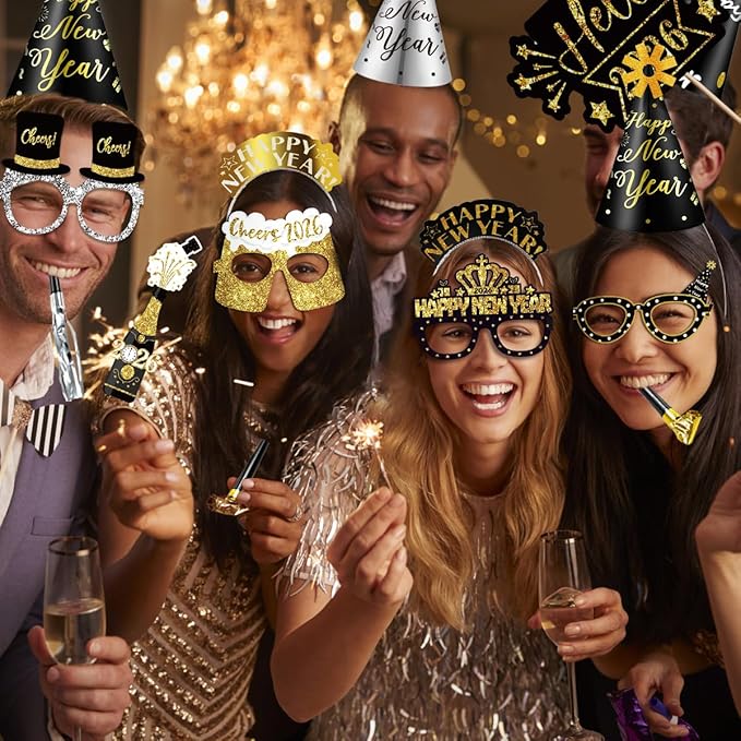 MOVINPE 2026 New Years Eve Party Supplies Bulk Set Serve 36, Cone Hats, Tiaras, Photo Booth Glasses Props, Squawkers, Blowouts, New Year's Party Favors Event Supplies for Kids Adults