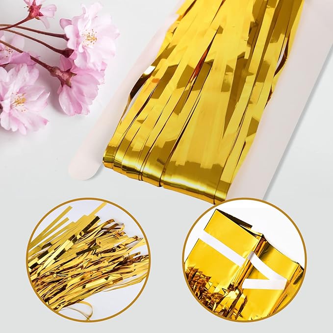 Gold Foil Fringe Curtains 50 Pack 3.2ft x 8.2ft Fringe Backdrop Curtains Metallic Tinsel Streamer Photo Backdrop for Birthday Party Decorations Halloween Christmas Party Supply (Gold)