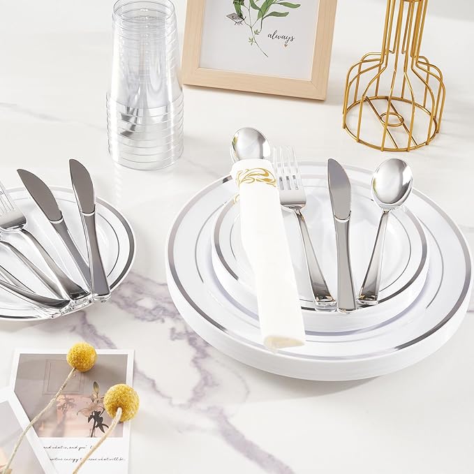 175 Pcs Silver Disposable Plates for 25 Guests, Disposable Plastic Plates, Dinnerware Set Include 25 Dinner Plates, 25 Salad Plates,25 Cups, 25 Paper Napkins for Party, Wedding, New Year