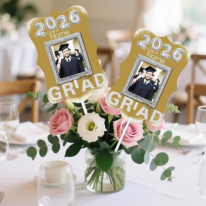 Personalized Graduation Double Sided Face Fan Class of 2026 Customized Graduation Head Face Cutout with Handle Fun Photo Prop Supplies(A-Champagne and Silver,24pcs)