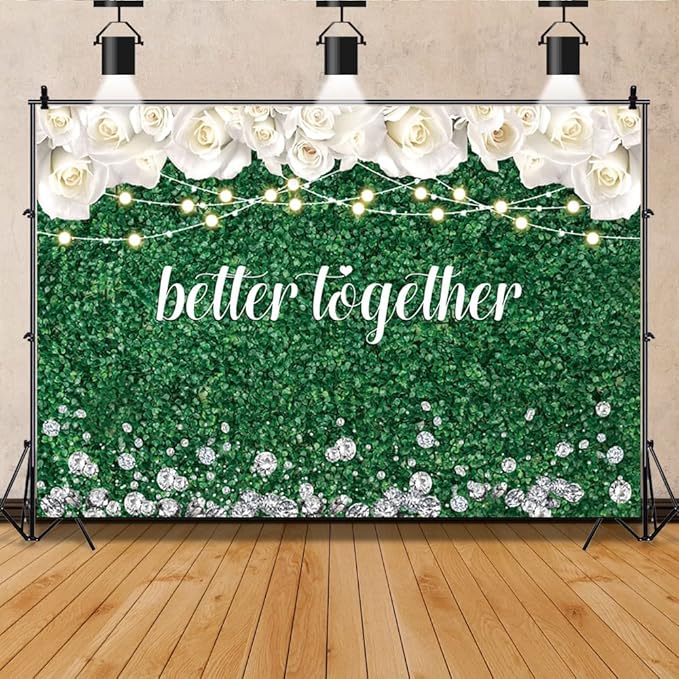 Leyiyi 20x10ft Better Together Photo Backdrop Green Leaves Wall White Floral Light Glitters Diamond Bridal Shower Wedding Party Banner Supplies Background Decor Photoshoot Studio Props Wallpaper