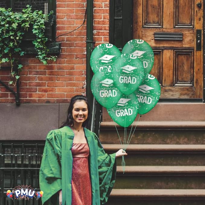PMU 100 Pcs Crystal Green Graduation Balloons Class of 2025 with All-Over Print White Grad Caps-Confetti and Streamers | Graduation Party Supplies | Congratulations Grad Latex Balloons Latex