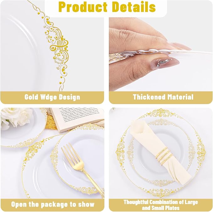 200PCS White and Gold Plates - Gold Plastic Plates - Fancy Disposable Plate - Gorgeous Dinner & Dessert Plate for 100 Guests for Wedding & Party